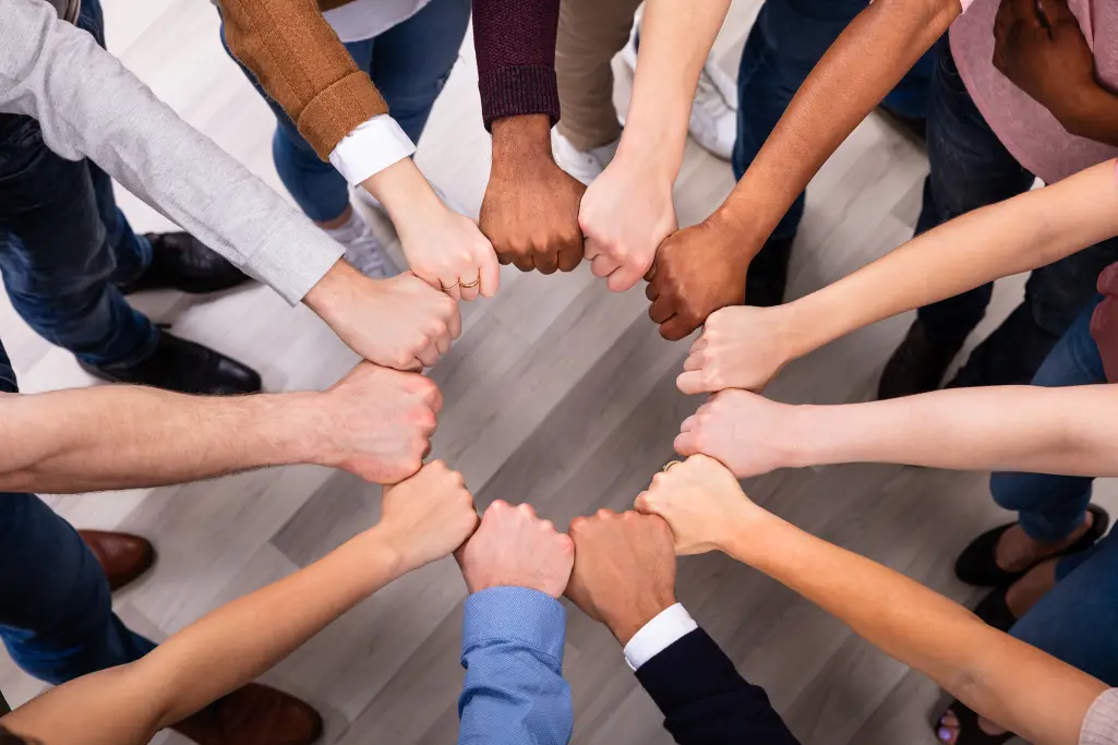 Working for Sto: 12 hands are forming a circle, team, teamwork, strong unit, shared passion