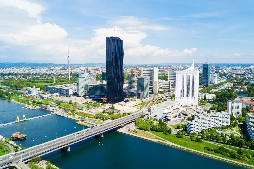 Panoramic view of the Danube city, district of Vienna