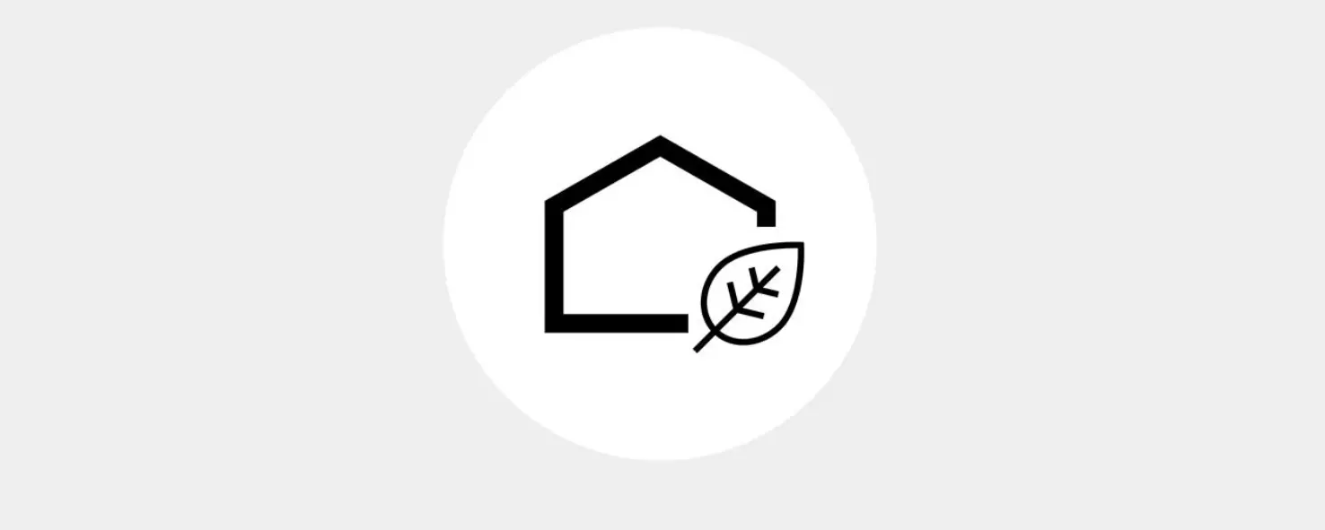 Sustainability icons: left house with leaf at bottom right, right leaf, pictograms black