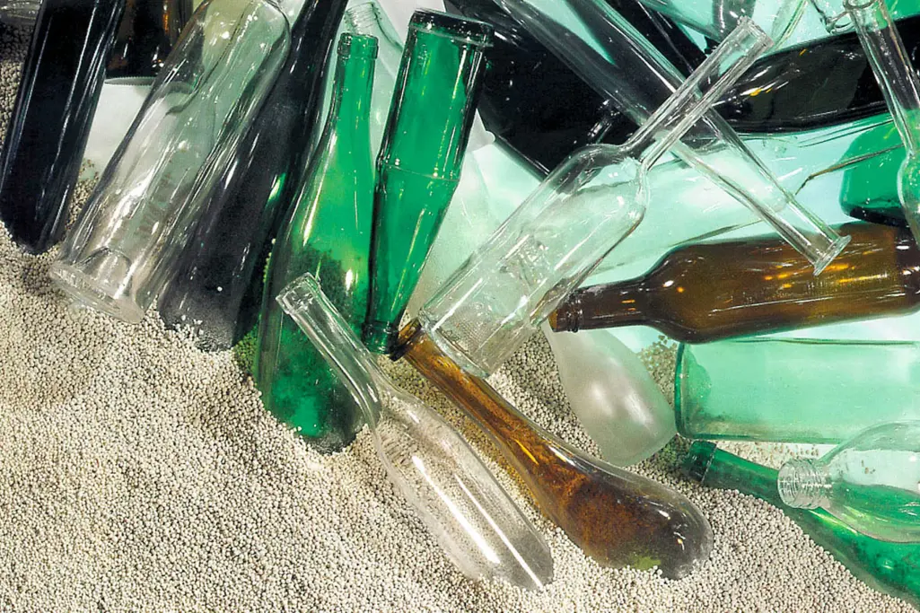 Glass, bottles; recycled glass can be made into high-quality building material
