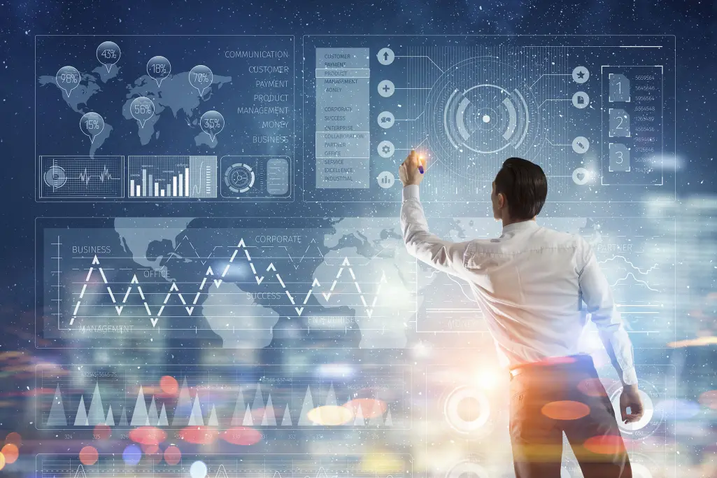 Man stands in front of a large, digital display, transparent communication