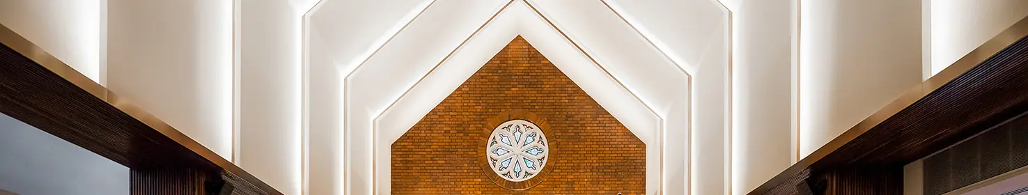 Interior shot of the acoustic ceiling in Wesley Methodist Church, SG