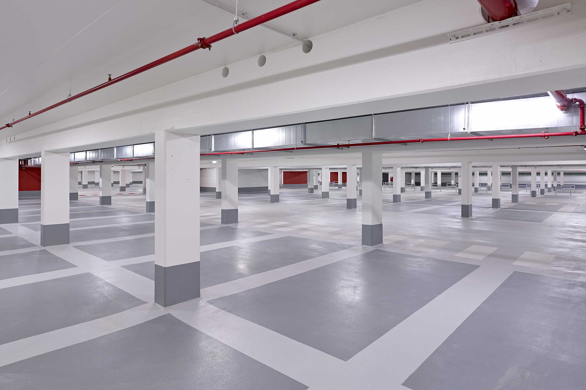 Interior shot of the underground car park place D‘Agen, Dinslaken, DE 