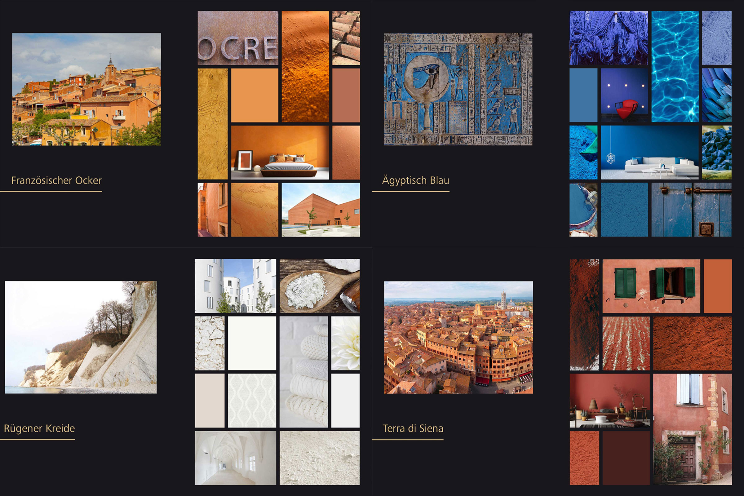 Alabaster white, Rügener chalk, French ochre, Egyptian blue, English red or Terra di Siena