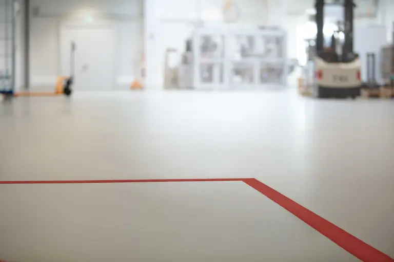 Industrial solutions. Industrial flooring with red markings. Forklift in the background.
