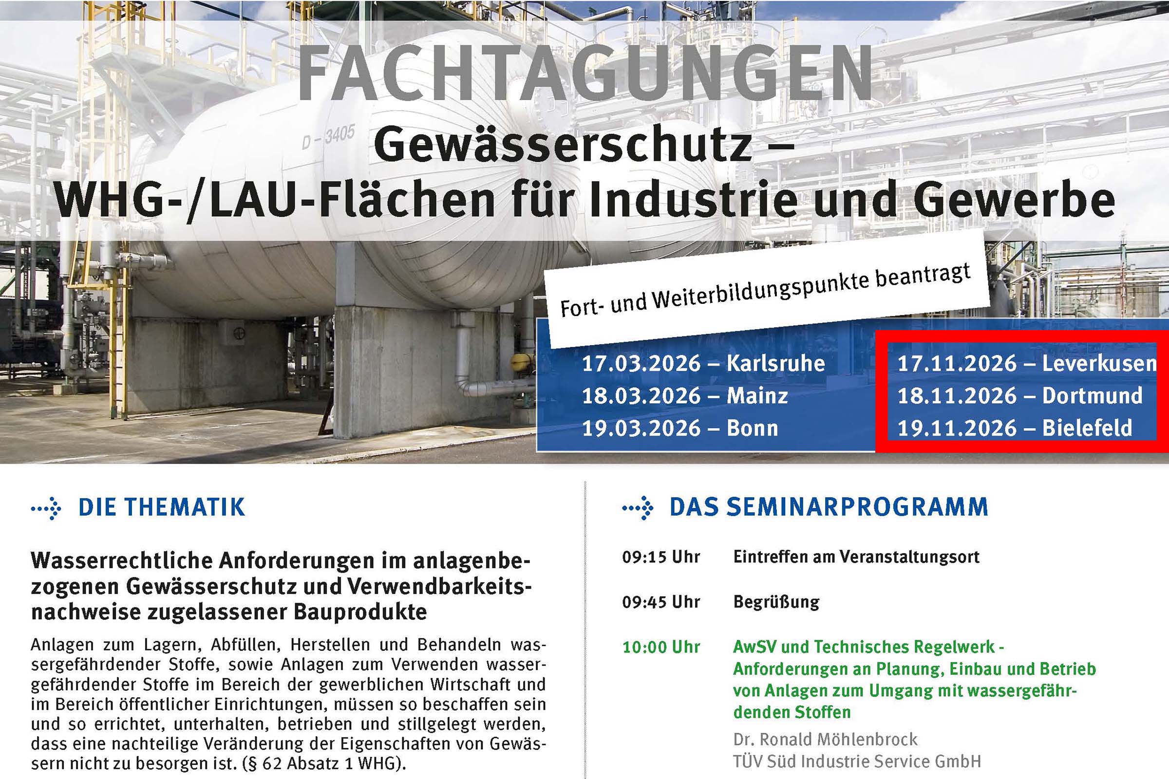 FACHTAGUNGEN Gewässerschutz – WHG/LAU-Flächen für Industrie und Gewerbe